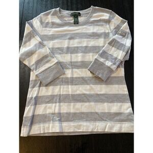 Lauren Ralph Lauren Women's Medium Gray Cream Striped Long Sleeve Top